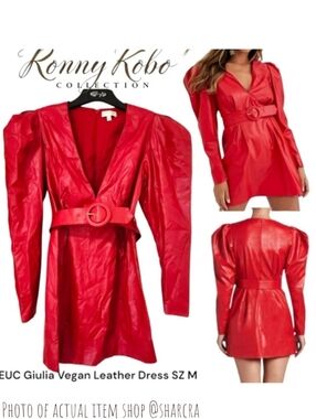 Ronny Kobo Women's Red Giulia Vegan Faux Leather Dress Puff Sleeve Belted Mini M